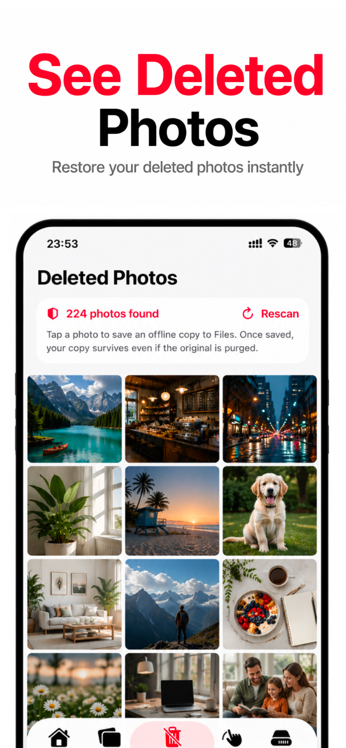 Photo Recovery app showing deleted photos found in a gallery grid, ready to restore